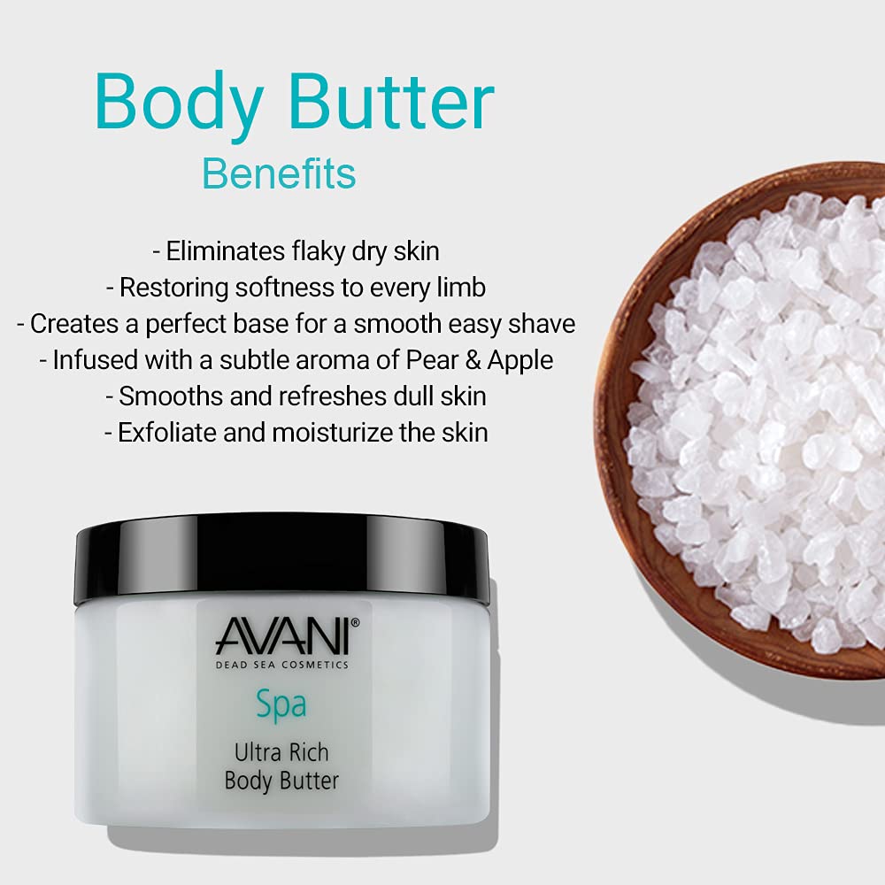 Avani Ultra Rich Body Butter-Dead Sea Salt, Aloe Vera,Vitamin E, Shea, Jojoba, Sunflower, Olive Essential Oil-for All Skin Types-Pear/Apple Fragrance