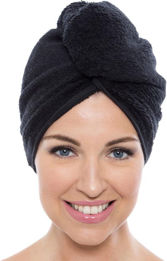 Texere Women's Viscose from Bamboo and Cotton Terry Hair Towel - Lightweight, Absorbent Quick Drying Hair Wrap - Twist Towel with Elastic Loop Holder (Tya, Black, U)