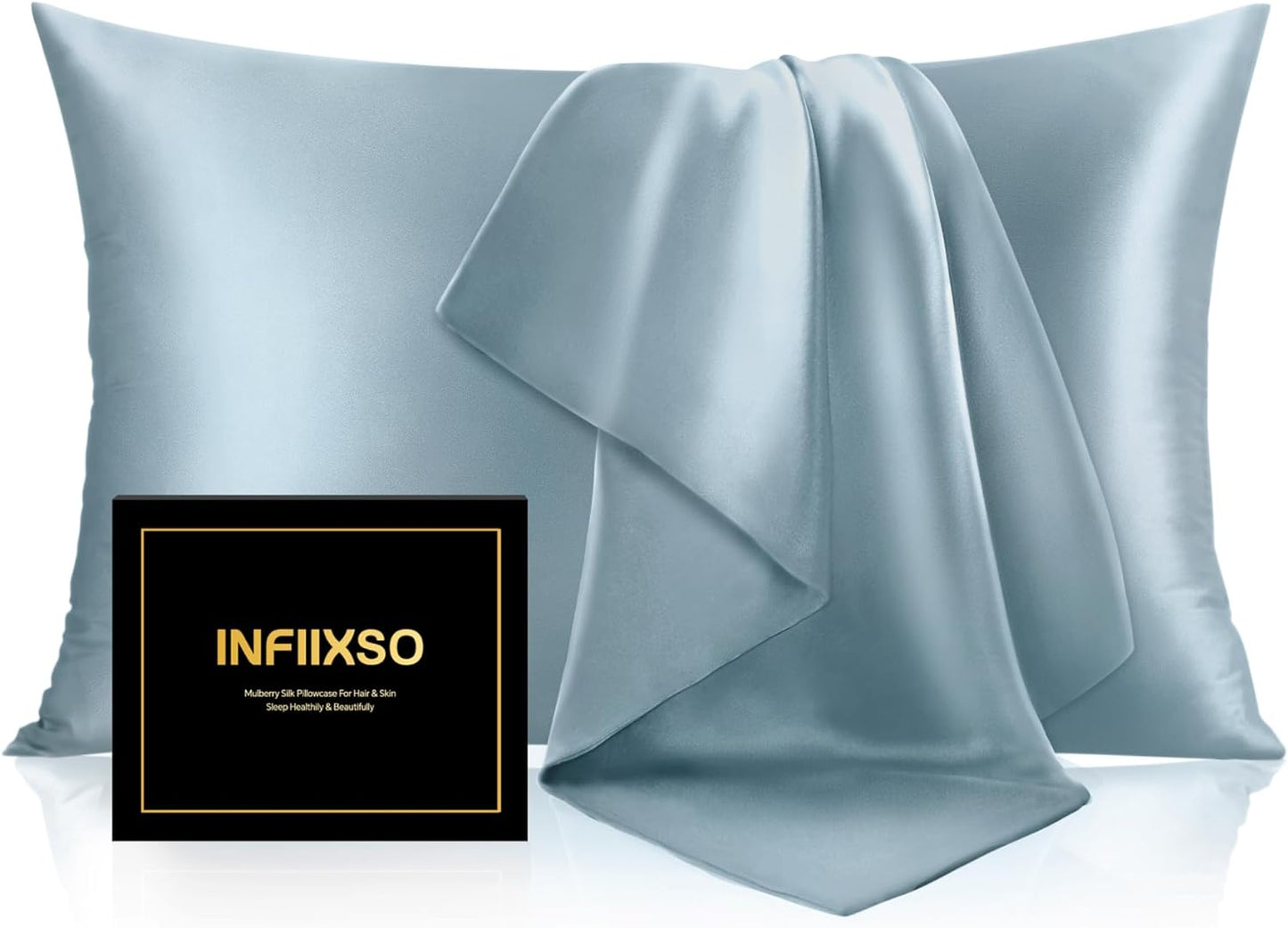 INFIIXSO Mulberry Silk Pillow Case for Hair and Skin, Silk Satin Pillowcase Standard Size with Hidden Zipper 20"x26", Extraordinary Smooth and Soft Cooling Pillow Cases for Hot Sleepers, Airy Blue