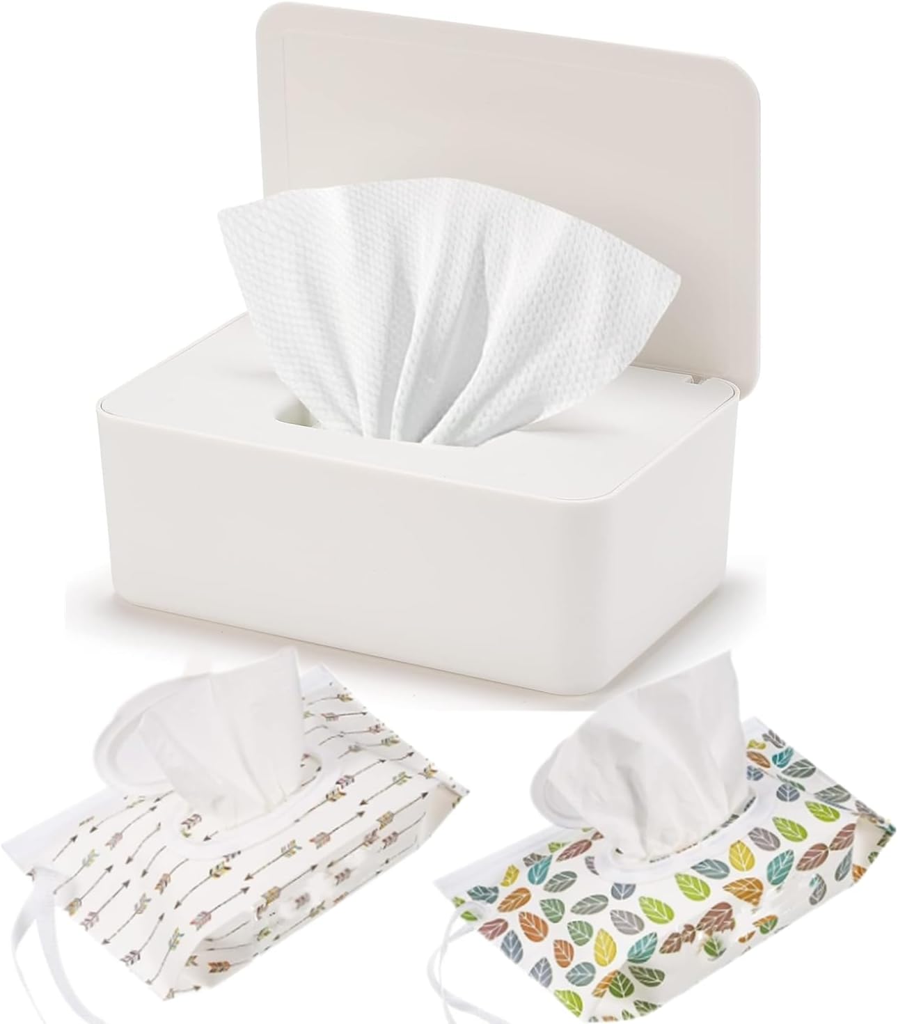 Wipe Dispenser White,Reusable Flushable Wipe Holder Set with 2Pcs Refillable Portable Wipe Bag for Baby Adult Bathroom,Wipe Container with Lids Keeps Wipes Fresh,Baby Shower New Mom Gifts