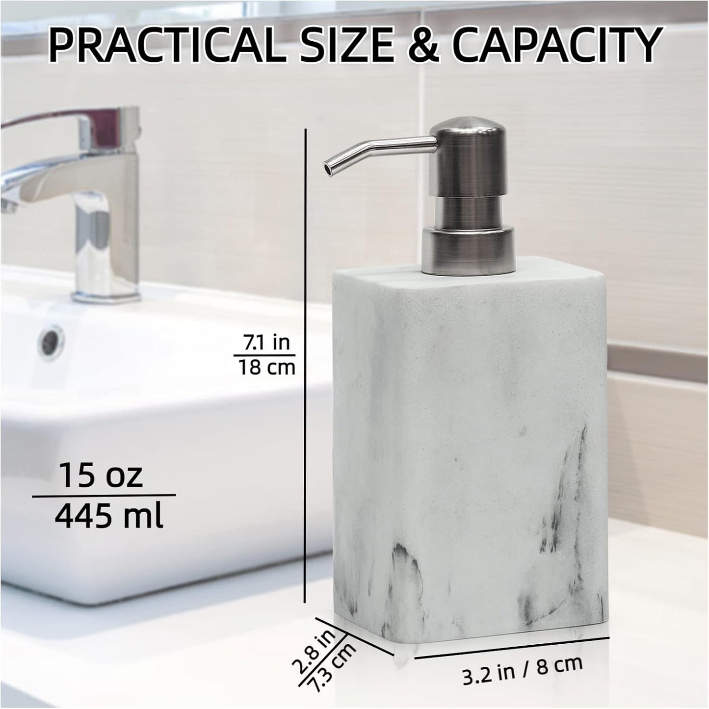 15Oz White Marble Style Resin Soap Dispenser Set of 2,Suanti Hand and Dish Soap Dispenser for Bathroom Counter&Kitchen Sink Decor,Refillable Soap Bottle with Easy-Press Pump for Liquid Soap or Lotion