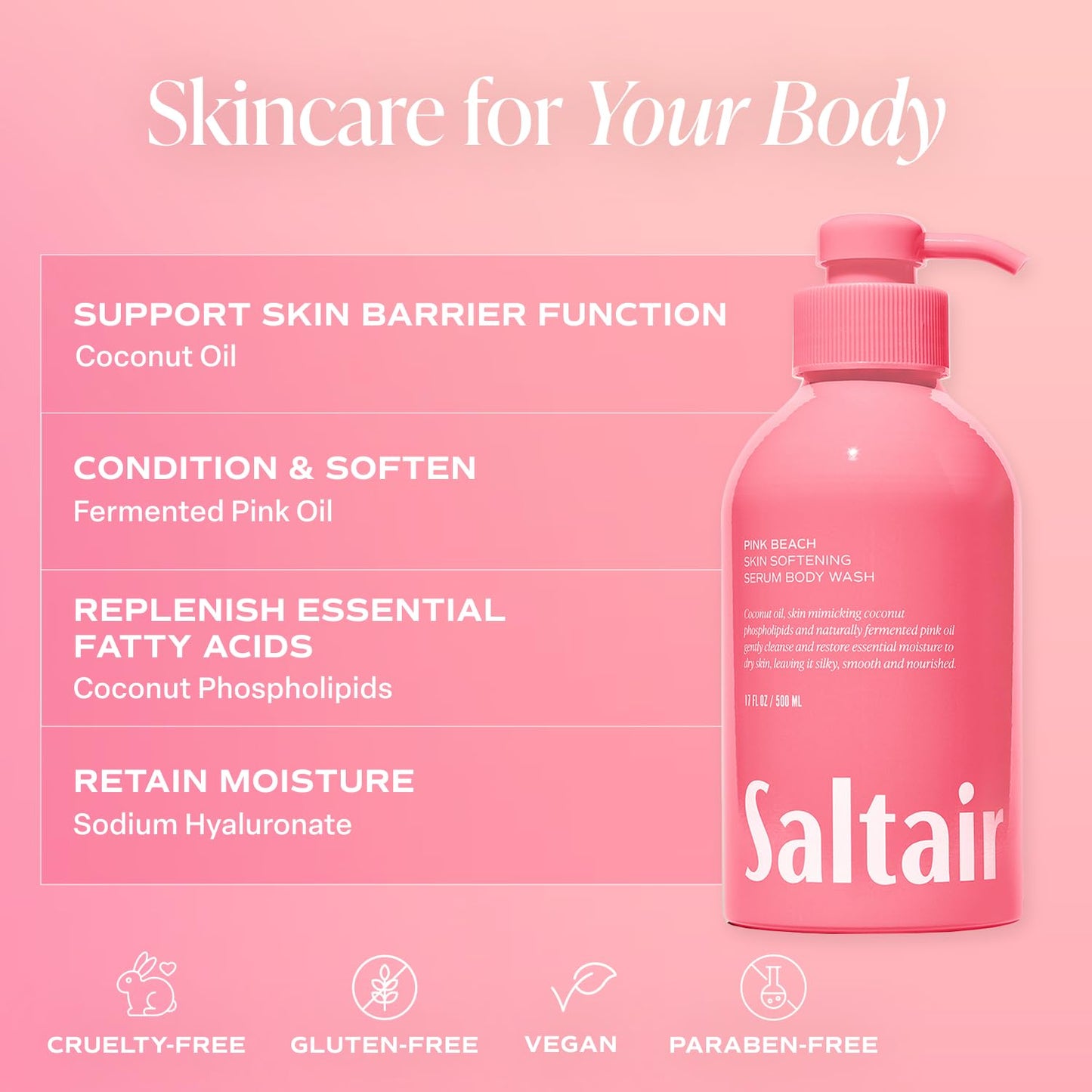 Saltair Body Wash, Pink Beach 2-Pack. Moisturizing Body Cleanser with Monoi Oil and Cupuacu Butter. Luxury Shower Gel for Women and Men. Vegan, Cruelty-Free, Paraben-Free. 2x 17oz Pump Bottles