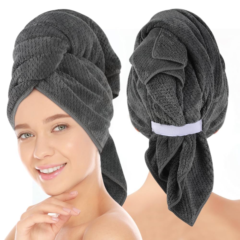 SUNLAND Microfiber Hair Towels Anti Frizz Hair Drying Towel Super Absorbent Fast Drying Turbans for Wet Curly Hair Soft Hair Towel Wrap with Elastic Band for All Hair Types 40 X 28 inches 2Pack Grey
