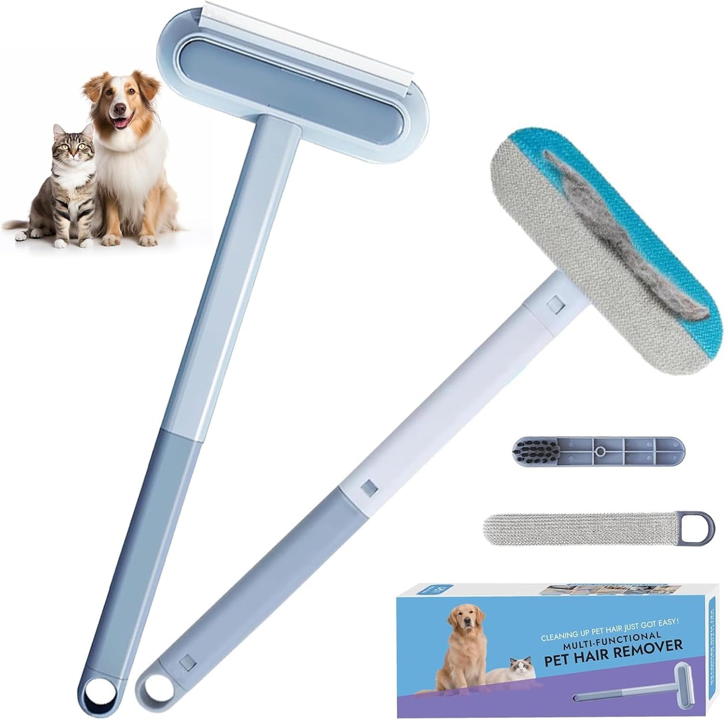 Pet Hair Remover for Couch, Furniture & Car Seats - Reusable Lint Roller for Dog and Cat Hair Removal on Clothes, Carpet, Bedding - Eco Friendly, No Sticky Refills, with Long Handle & Squeegee
