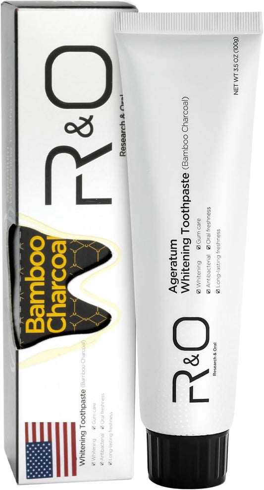 R&O Ageratum Whitening Toothpaste with Bamboo Charcoal, 3.53 oz - Great for Teeth Whitening, Removes Stubborn Stains, Long - Lasting Fresh Breath, Reduces Plaque, Promotes Oral Health