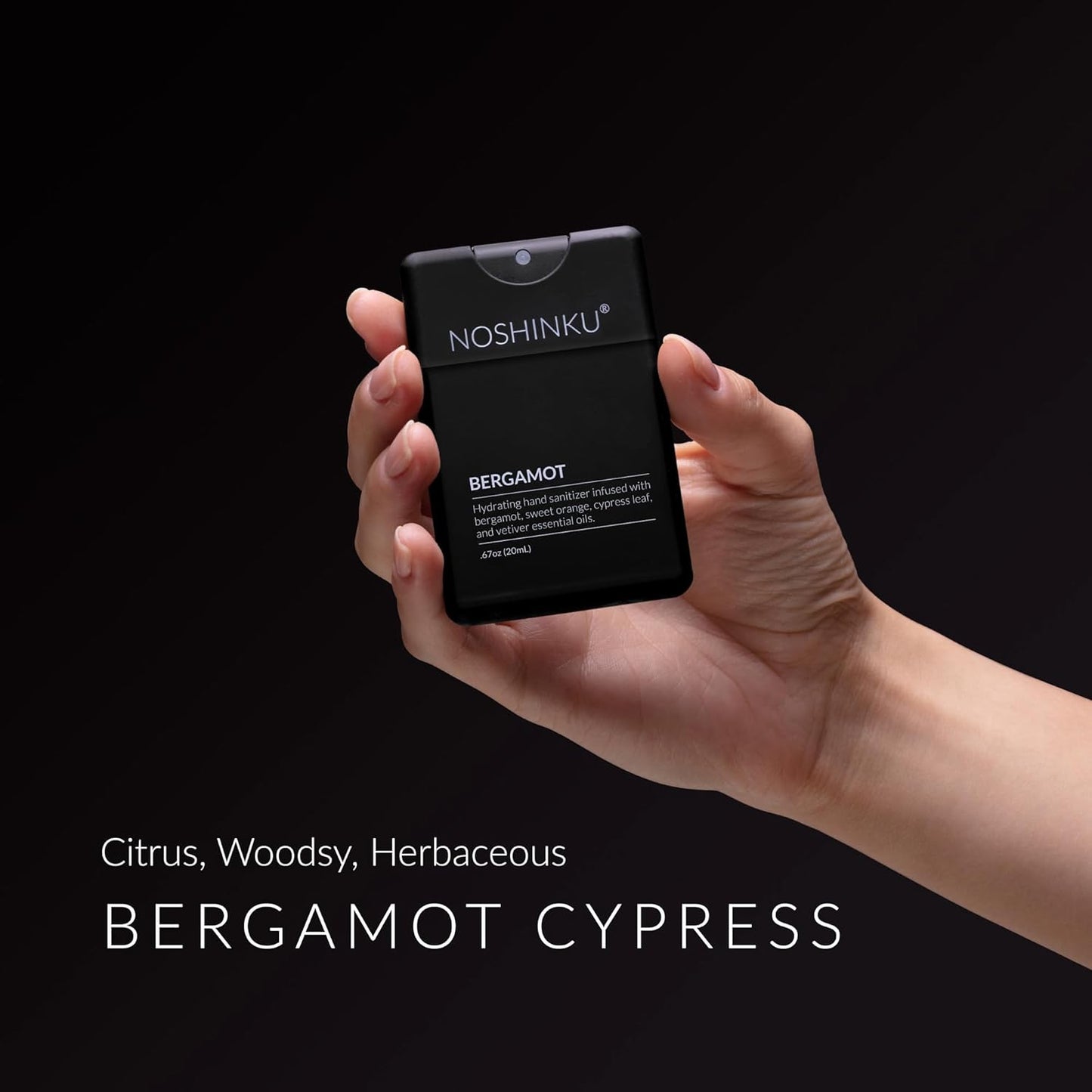 Noshinku - Refillable Hand Sanitizer Bergamot 3-Pack, Travel Size Spray with Hydrating Botanical Oils, Natural Ingredients, All Natural Fragrances, Sugarcane Derived Alcohol, No Parabens, No Dyes