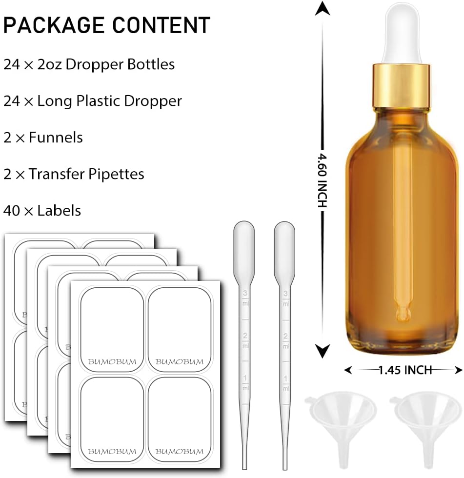 Bumobum 2 oz Dropper Bottle, Amber Glass Eye Dropper Bottles with Golden Top Cap for Essential Oils, 24 pack Tincture Bottle with Labels and Funnel