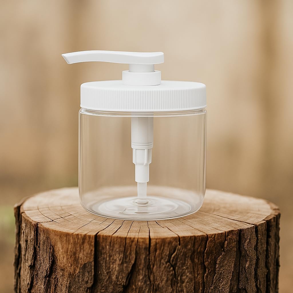 Royal Massage 16oz Refillable Pump Jar with Locking Dip Tube Dispenser – BPA-Free Plastic Container for Massage Oils, Lotions, Creams – Ribbed Lid Wide-Mouth Jar – Durable & Reusable (Clear/White, 12)