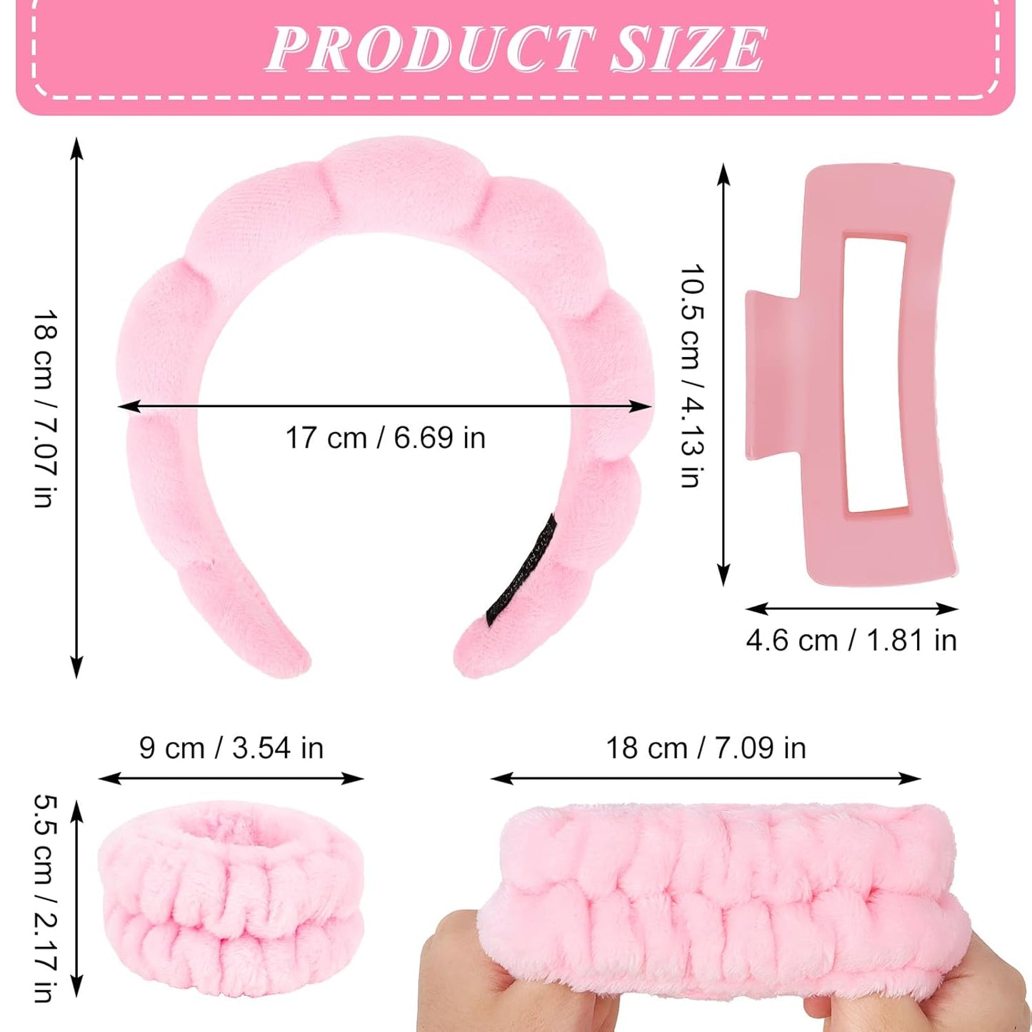 Wecoe Pink and Black Spa Set - Headband and Wristband for Face Washing, Thick Hair, Cute Puffy Sponge Bubble Makeup Headband, Wrist Towels, Scrunchies for Women & Girls