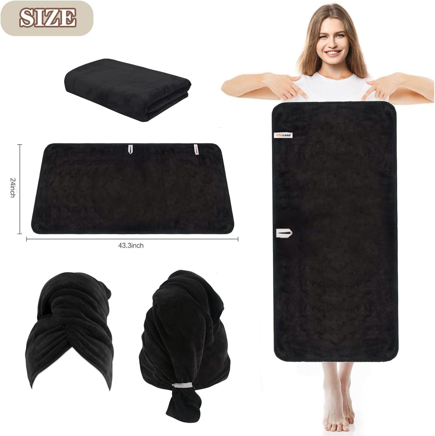 SUNLAND Microfiber Hair Towels Anti Frizz Hair Drying Towel Super Absorbent Fast Drying Turbans for Wet and Curly Soft Head Towel Wrap with Elastic Band 24 inch X 43 inch Black