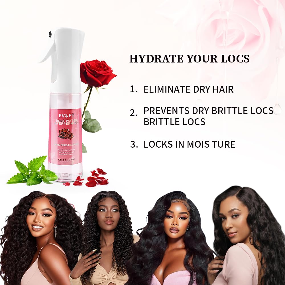 EV&ET Daily Moisturizing Refreshing Spray for Locs, Dreadlocks - Rose Water and Peppermint Hair Scalp Moisturizer, Dreadlock Spray - Natural Loc Care and Maintenance 10 Fl oz (10Fl oz)