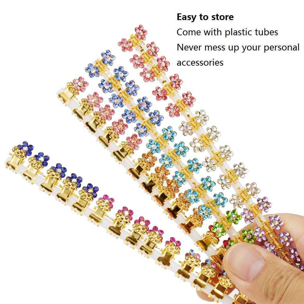 Mini Glitter Rhinestone Flower Hair Accessories - No-Slip Grip Claw Clamps and Metal Clamps in Mixed Colors for Girls Women (Gold-13Colors)