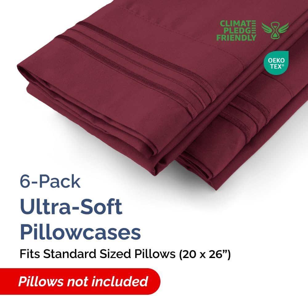 Standard Pillow Cases Set of 6 - Ultra Soft Hotel Quality Pillowcase Covers - Comfy, Cozy & Wrinkle Free - Shrink, Stain & Fade Resistant - Machine Washable Pillow Protectors - 6 Piece Set - Burgundy