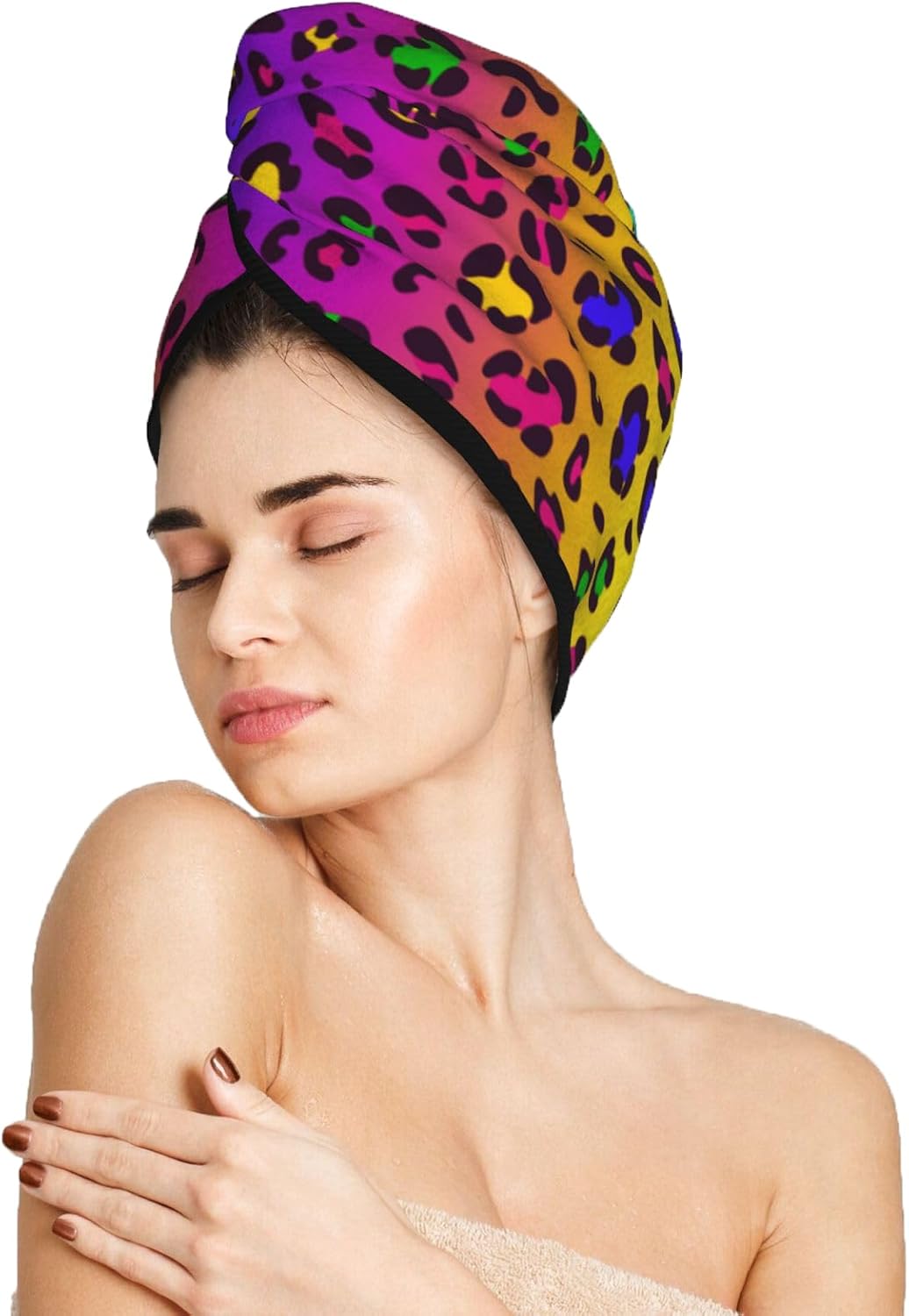 Rainbow Leopard Hair Towel Wrap Absorbent Hair Drying Towel Microfiber Hair Drying Cap Turban for Drying Curly Long Thick Hair