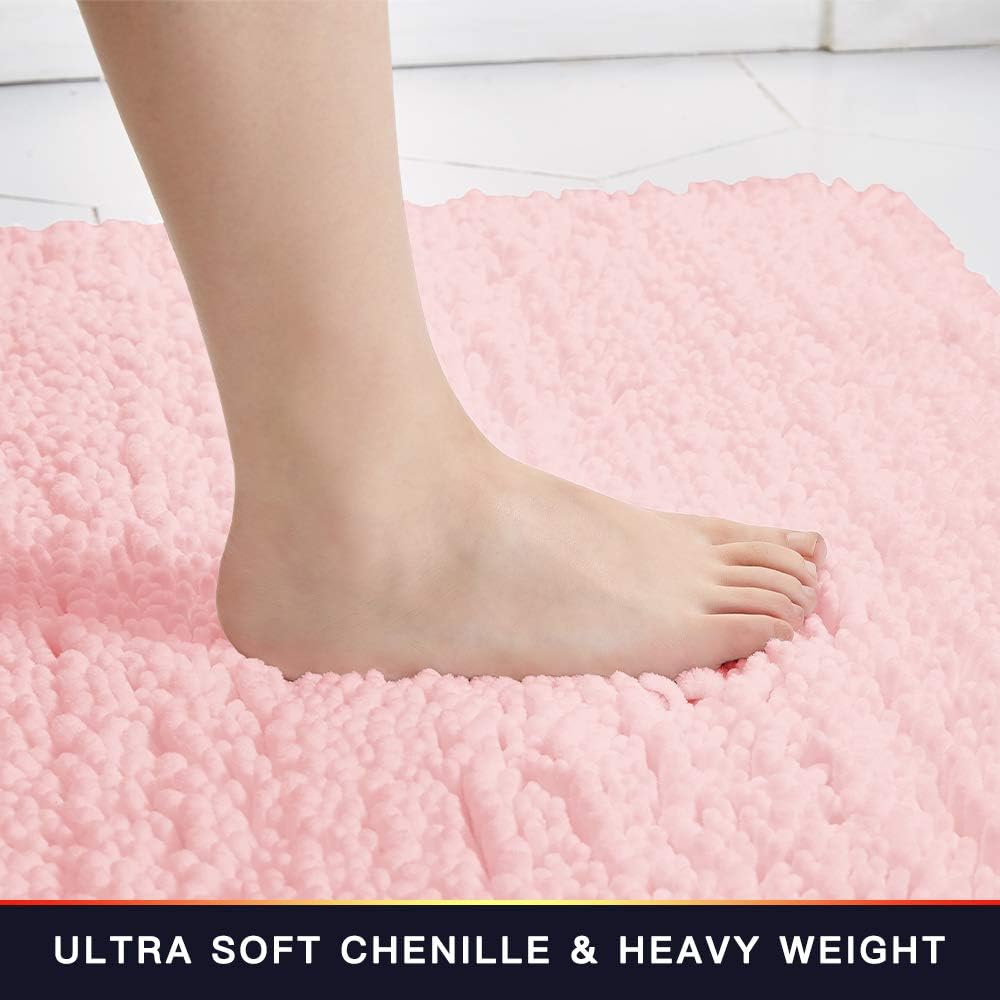 Walensee Bathroom Rug 2 Pieces Set Non Slip Bath Mat (20"x32" Plus 20"x24" U Blush) Water Absorbent Super Soft Shaggy Chenille Machine Washable Dry Extra Thick Perfect Carpet for Shower Floor