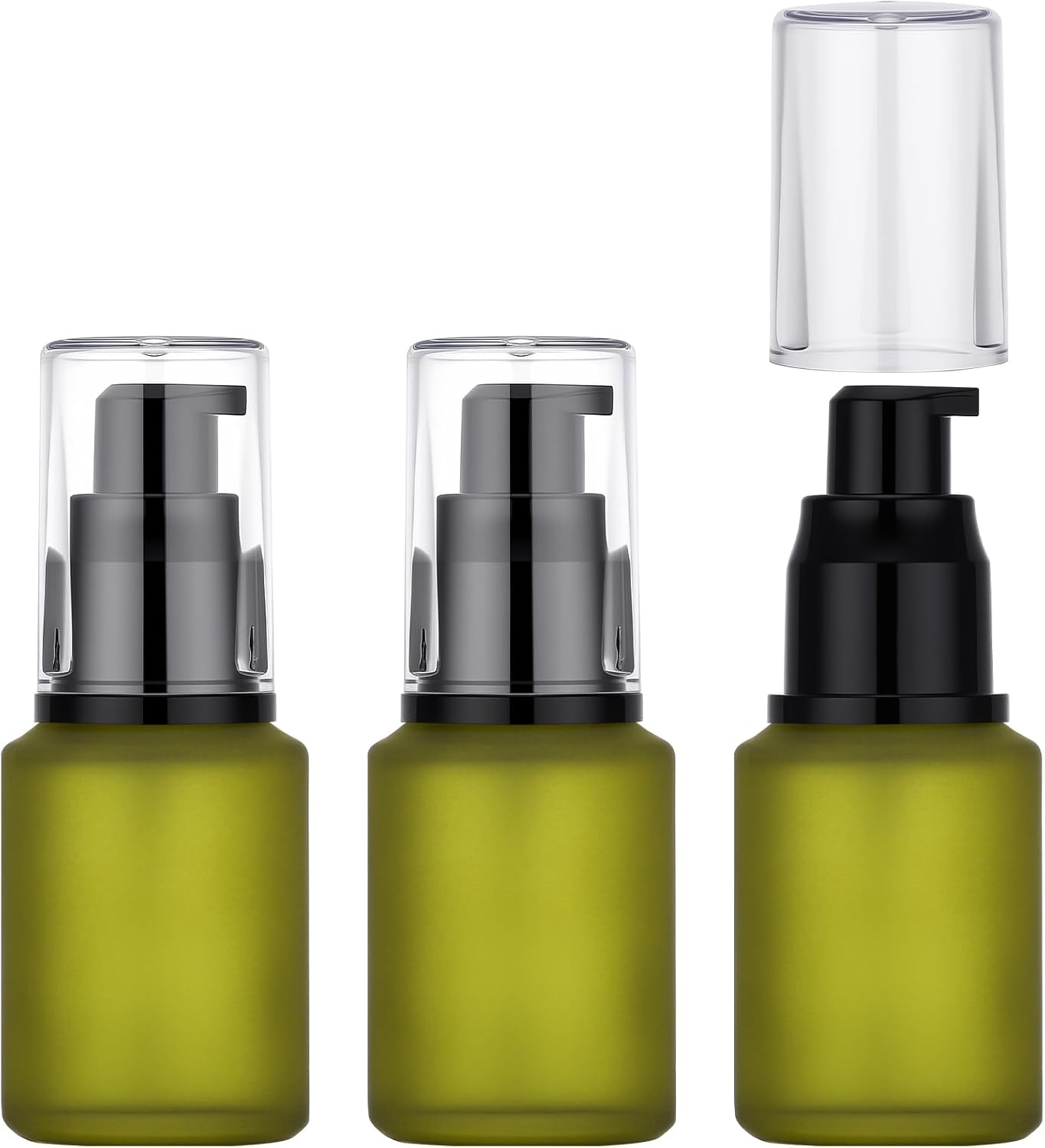 Segbeauty 1oz Frosted Glass Empty Travel Size Bottles for Creams, 3pcs Refillable Lotion Pump Bottle Dispenser, 30ml Liquid Travel Containers, Green Mini Lotion Container Foundation Pump Dispensers