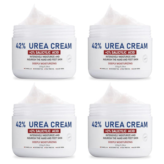 OUKEYA Urea Cream 42% plus Salicylic Acid 2% Net 5.29 Oz for Dry Cracked Feet,Heels,Knees,Elbows,Hands Repair Treatment Moisturizes and Removes Corns,Calluses,Dead Skin,and Softens Toenails Pack of 4