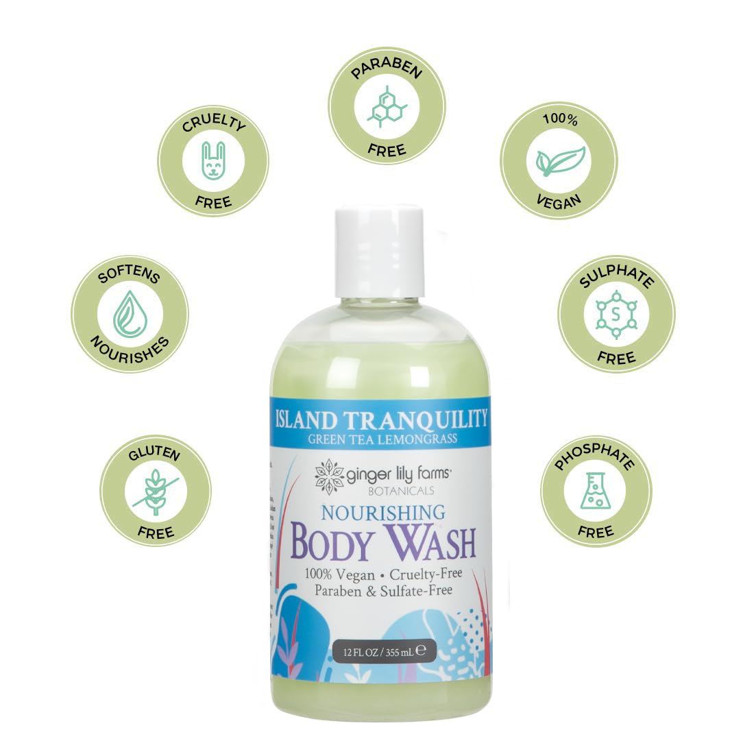 Ginger Lily Farms Botanicals Nourishing Body Wash, Island Tranquility, 100% Vegan & Cruelty-Free, Green Tea & Lemongrass Scent, 12 Fl Oz (Pack of 6)