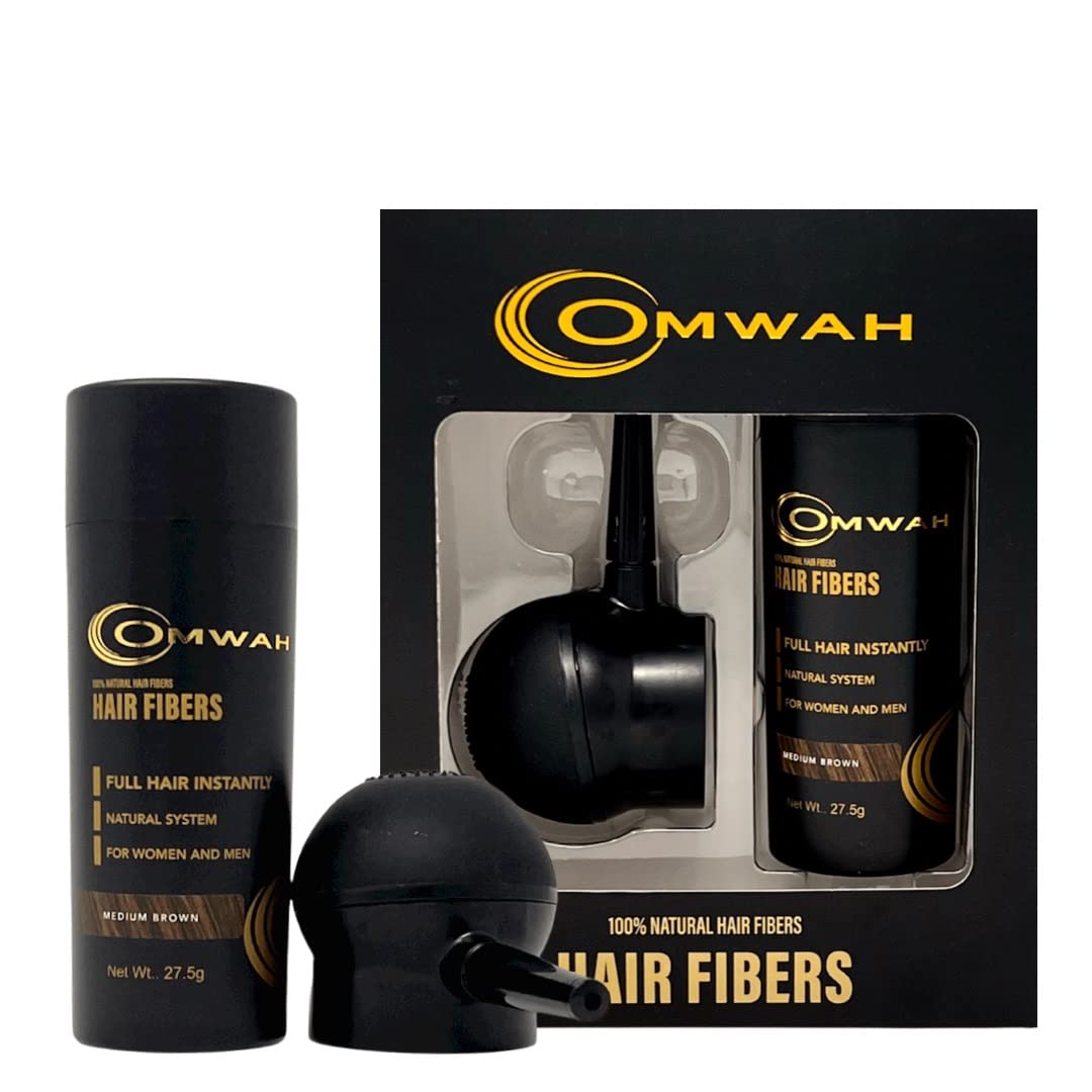 OMWAH Hair Fibers for Thinning Hair Men - 2-in-1 Kit 27.5g, Hair Building Fibers & Spray Applicator, Natural Thick Hair Filler, Conceals Hair Loss (Medium Brown, 27.5g)