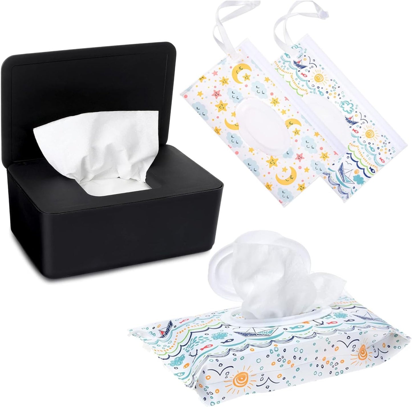 Wipes Dispenser with 2Pcs Portable Refillable Wipe Holder,Reusable Large Wipe Holder Box Flushable Wipes Case Bathroom Wipes Container for Pet Nursery Kitchen Office Counter(Black)