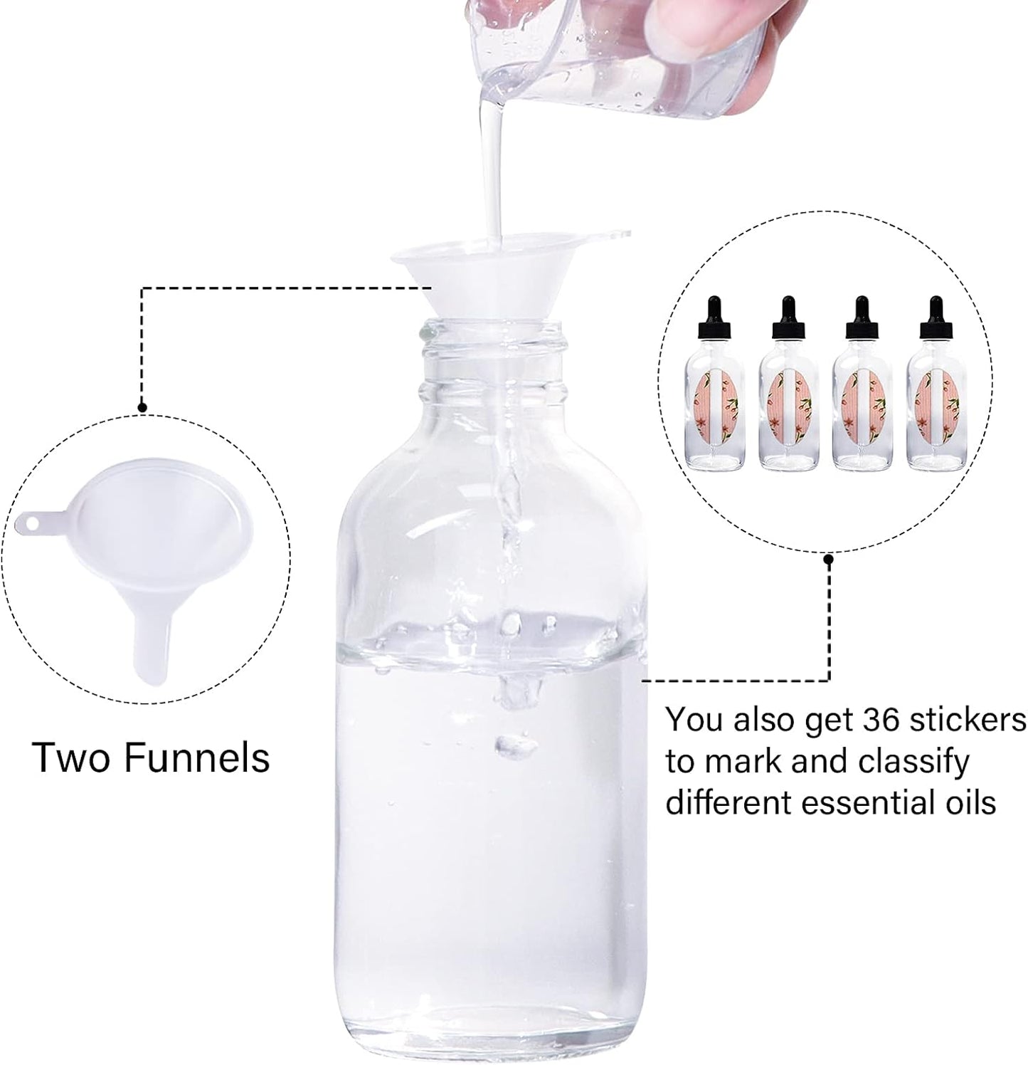 24 Pack 4oz Clear Glass Bottles with Glass Eye Droppers for Essential Oils, Perfumes & Lab Chemicals (2 Brushes, 2 Funnels, 2 Extra Droppers, 36 Pieces Labels & 30ml Measuring Cup Included)