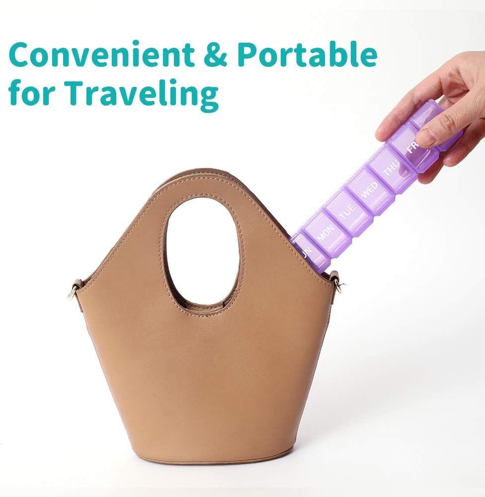 2 Packs Small Weekly Pill Organizer,Pocket Daily Pill Case Pill Box for Pills/Vitamin/Fish Oil/Supplements (Purple)