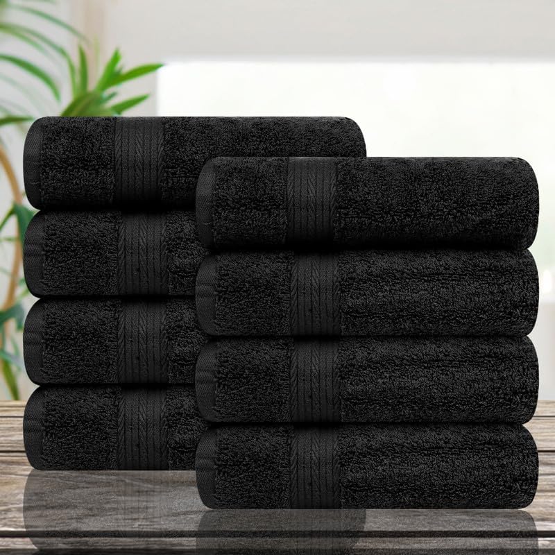 Ample Decor Hand Towel 18 X 28 Inch Pack of 8 600 GSM 100% Cotton,Oeko Tex Certified Soft Absorbent Thick Durable Premium Quality, for Hotel, Bathroom,Spa, Daily Use,Gym -Machine Washable-Black