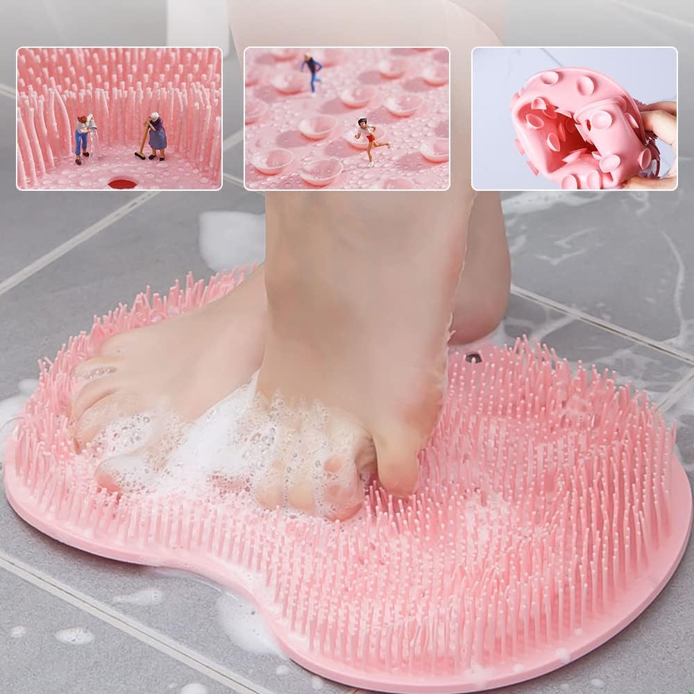 Foot Back Cleaning Pad, 2024 Upgrade Shower Foot Scrubber Mat Slip Suction Cups Foot Scrubber, Shower Foot Scrubber Mat Back Washer for Men and Women (Grey)
