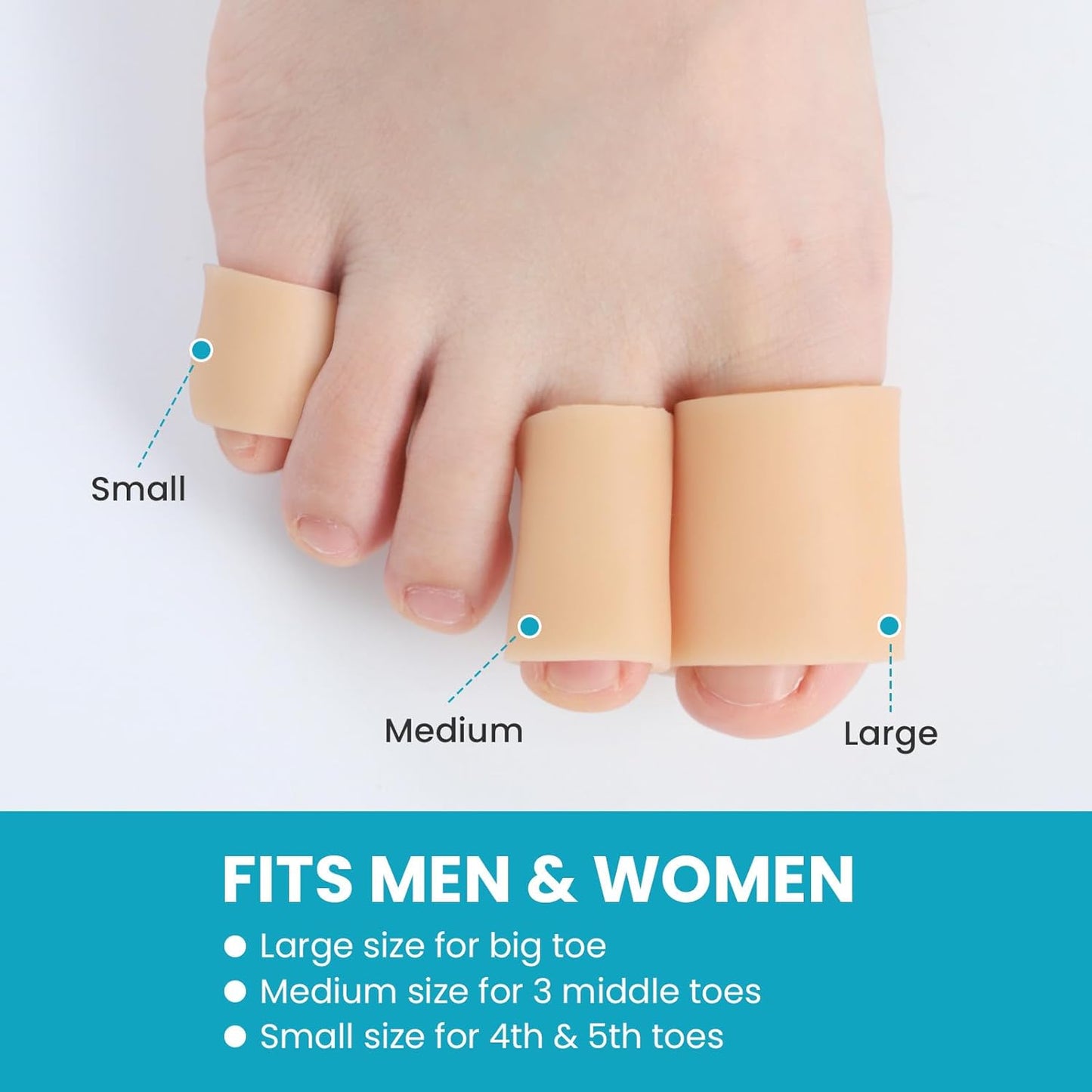 Povihome Toe Sleeves, Toe Protectors, 12 Pack Toe Tube Pads for Hammer Toe,Stubbed Toe,Corns, Calluses Protect (3 Different Sizes, Beige)