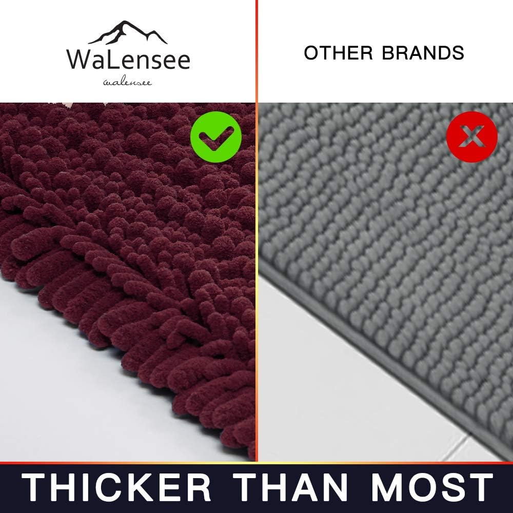 Walensee Large Bathroom Rug Non Slip Bath Mat (24x60 Inch Burgundy) Water Absorbent Super Soft Shaggy Chenille Machine Washable Dry Extra Thick Perfect Absorbant Best Plush Carpet for Shower Floor