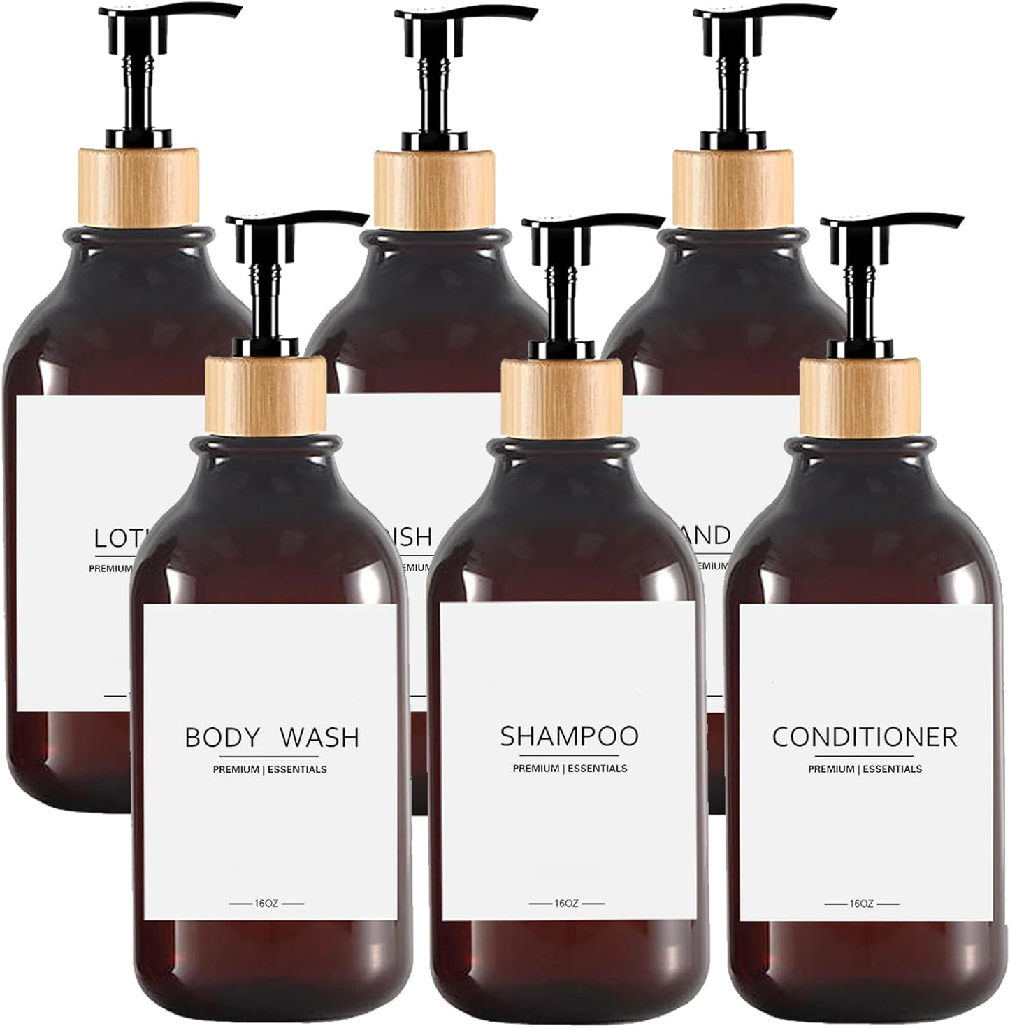 Shower Shampoo and Conditioner Bottles, Apothecary Dispenser Bamboo Pump, Refillable Bottles for Lotion Oil Hand Soap and Dish Soap, Plastic Set (3 Bottles 9 Labels) (6, Amber)