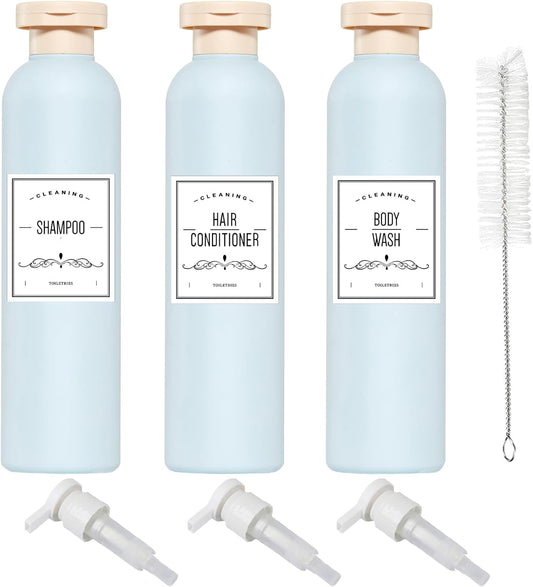 Qeuly Squeeze Bottles with Pump Dispenser and Flip Cap, 8.8 oz Refillable Travel Containers for Toiletries, Plastic Travel Shampoo and Conditioner Bottles (Blue 260)