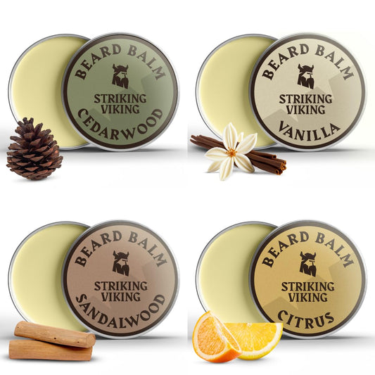 Striking Viking Beard Balm - 1 oz, Pack of 4, Citrus Vanilla Sandalwood Cedarwood - Anti-Itch Relief & Anti Itch Beard Balm - Deep Conditioning Shea & Jojoba Oils & Mustache Conditioner