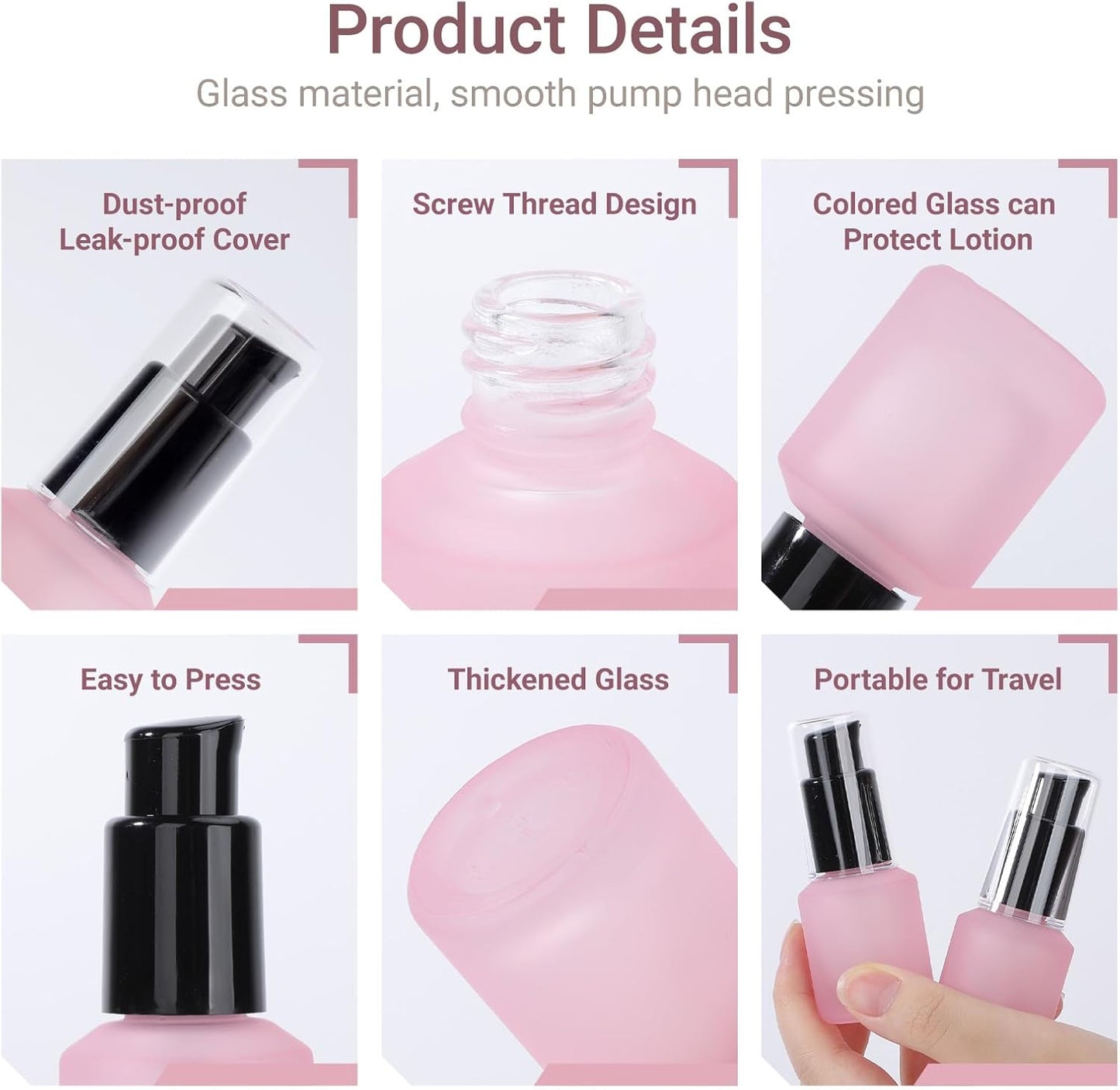 Segbeauty 0.5oz Frosted Glass Lotion Pump Bottles, 3pcs Refillable Travel Size Containers for Lotions, 15ml Pink Glass Small Travel Containers for Creams, Mini Hair Oil Bottle Pump Dispenser Empty