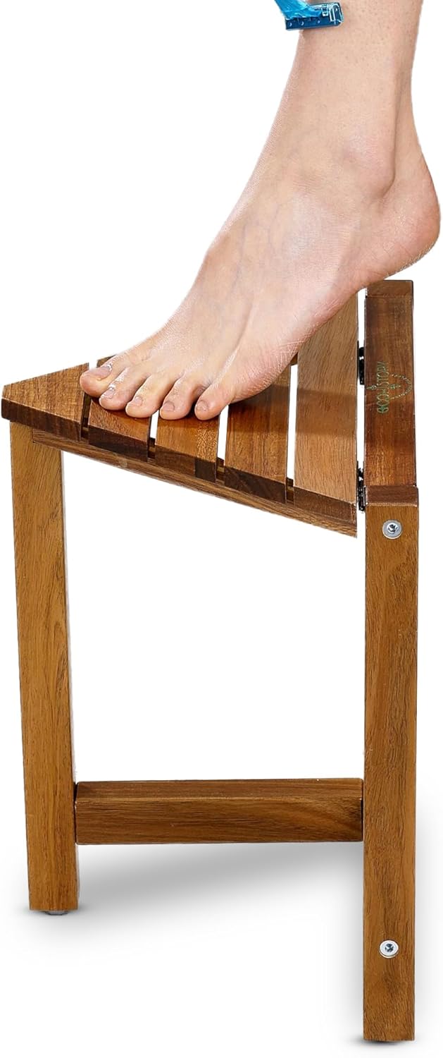 Eco History Shower Stool for Shaving Legs – 12 Inch Natural Acacia Shower Wooden Stool – Corner Foot Rest with Non-Slip Rubber Feet – Bench Seat Bathroom Organizer – Folding Design