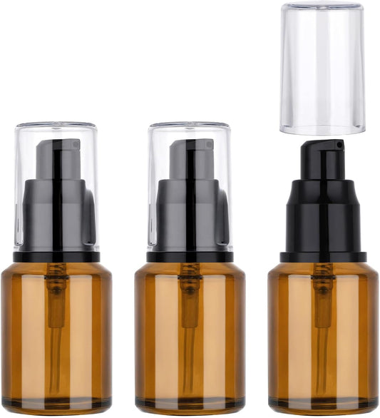 Segbeauty 1oz Frosted Empty Glass Pump Bottle Dispensers, 3 Pack 30ml Travel Size Pump Bottles, Reusable Lotion Container Foundation Bottle for Travel, Refillable Cosmetic Containers for Women Amber