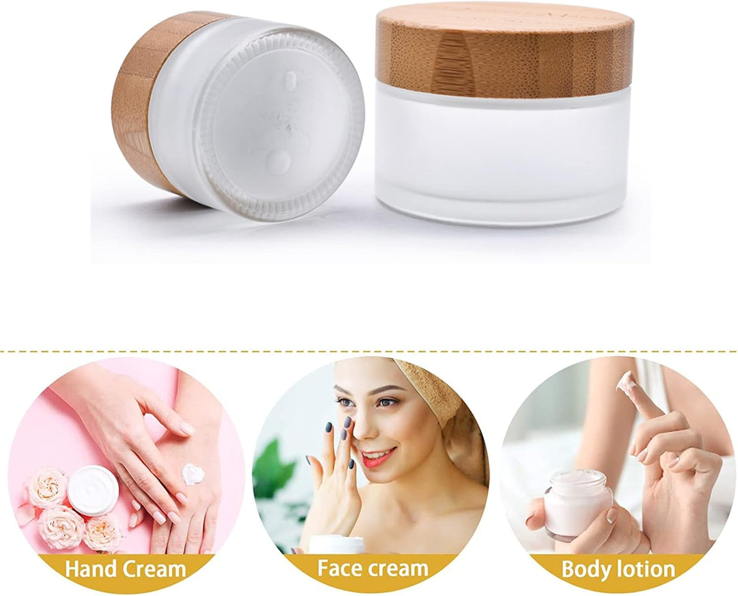 2 Pack 50ml Frosted Glass Cream Jars with Bamboo lids,Wide Mouth Makeup Sample Storage Pot Dispenser Bottles for travel Jars Face Eye Shadow