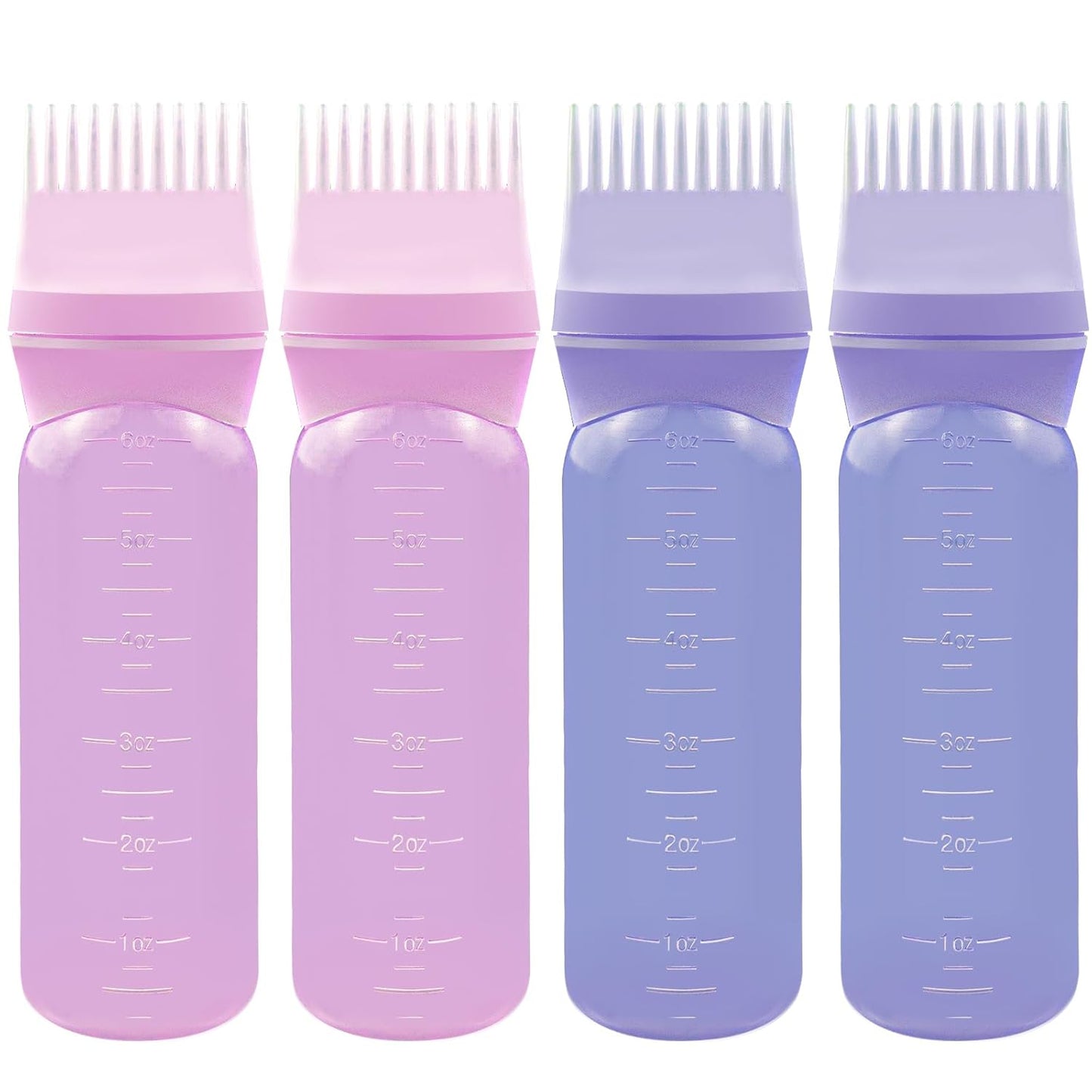 ELANE 4 Pcs Root Comb Applicator Bottle 6oz,Hair Oil Applicator Bottle for Hair,Oil Comb Applicator Hair Bottle Applicator for Hair Dye Shampoos Hair Salons Camping Traveling(purple+pink)