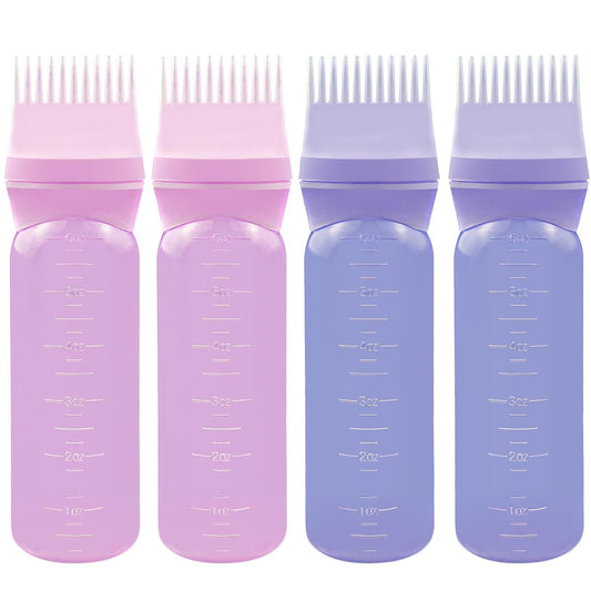 ELANE 4 Pcs Root Comb Applicator Bottle 6oz,Hair Oil Applicator Bottle for Hair,Oil Comb Applicator Hair Bottle Applicator for Hair Dye Shampoos Hair Salons Camping Traveling(purple+pink)