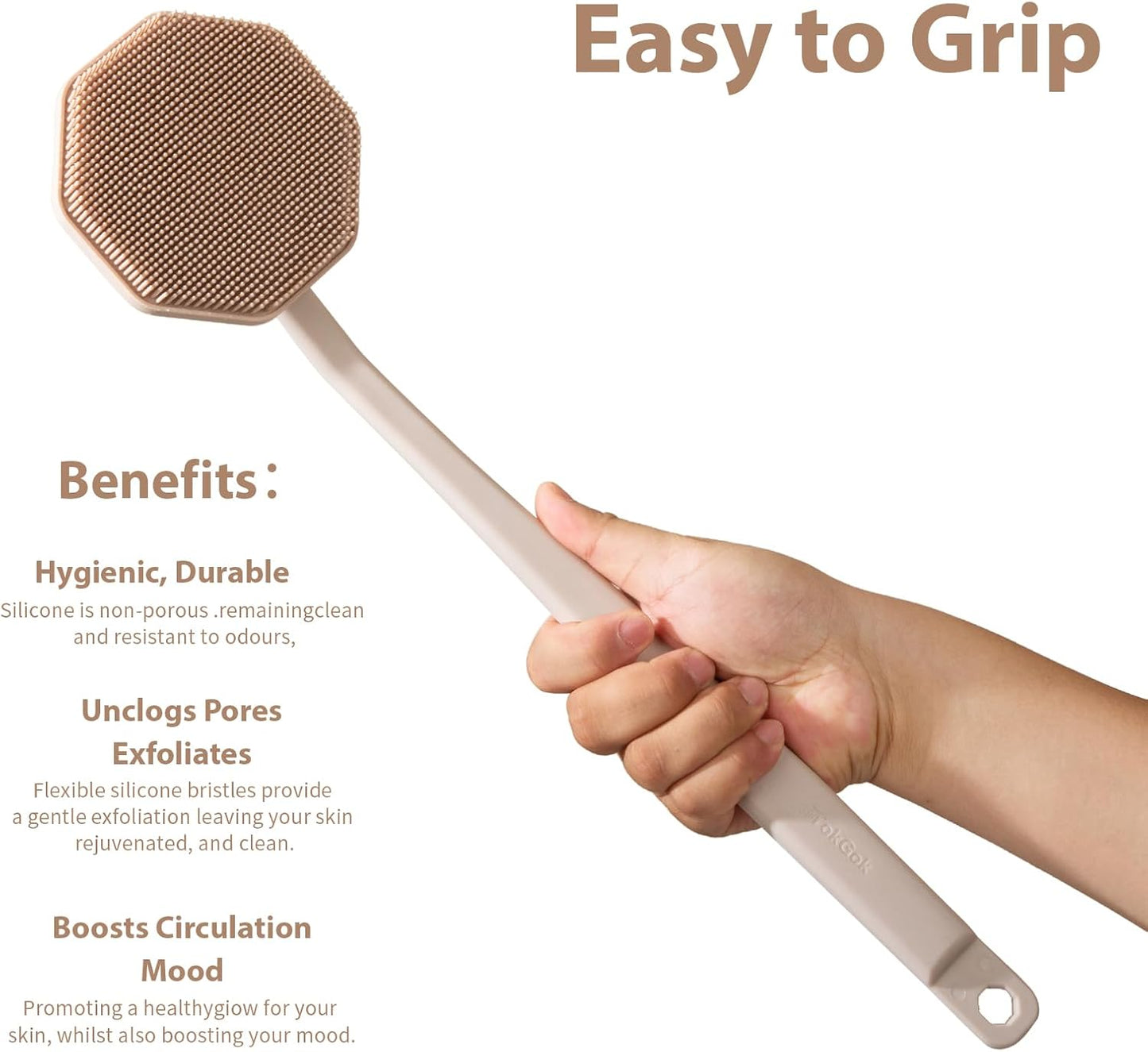 iTokGoK® Silver-Infused Silicone Back Scrubber with Long Handle Back Brush for Shower,Back Brush Long Handle for Men and Women,Ergonomic No-Slip Handle, Long-Lasting (Sand Pink)