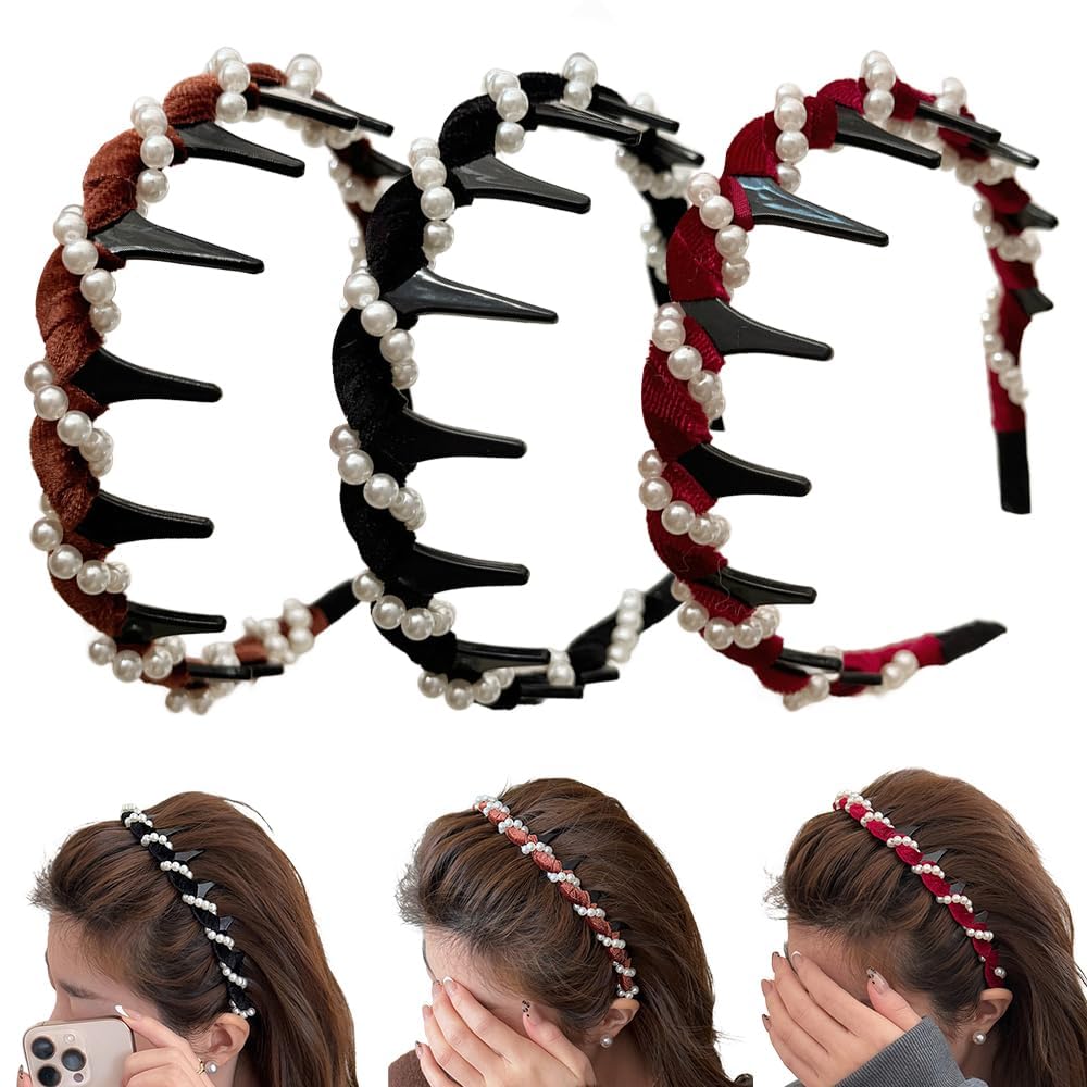 3 Pack Vintage High Cranium Artificial Hairband,Zig Zag Headbands,High Cranium Artificial Pearl Hairband,Earl Hairbands, Say Goodbye To Flat Hair Top For Women Girls(One Size)