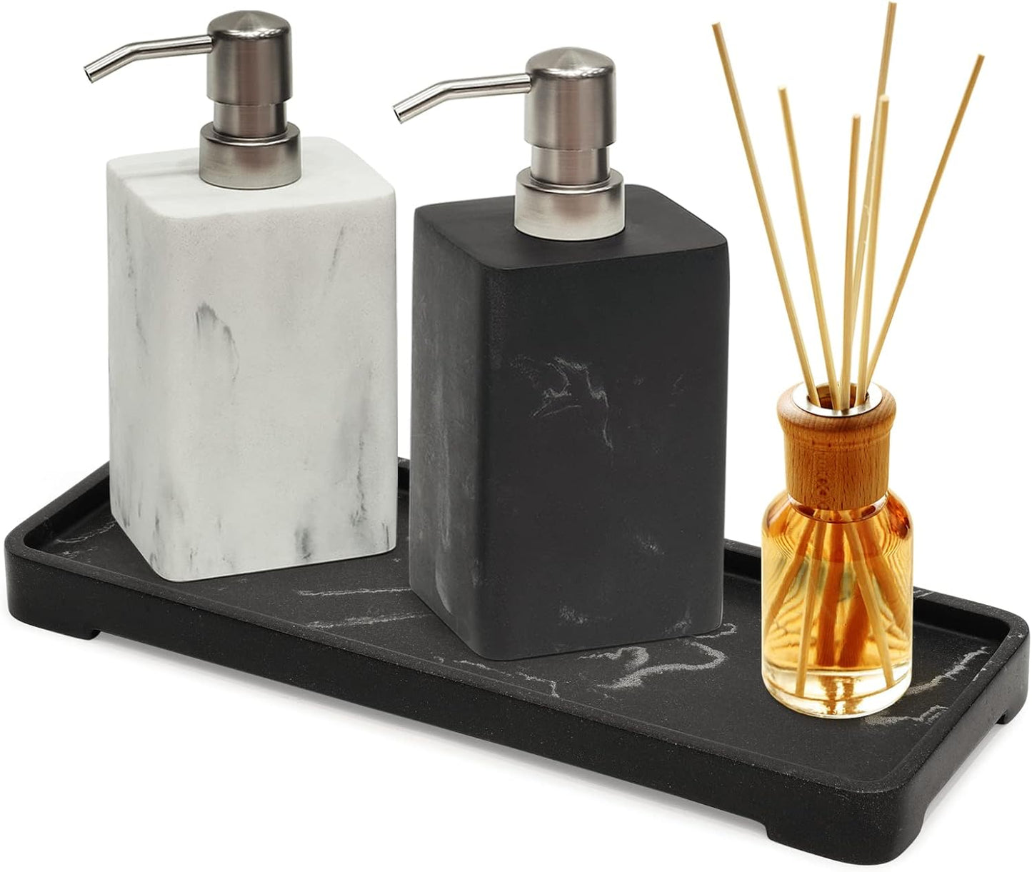 15Oz Marble Style Resin Soap Dispenser Set,2pcs Hand and Dish Soap Dispenser for Bathroom Countertop or Kitchen Sink,Refillable Decorative Liquid Soap Dispenser with Easy-Press Pump,White&Black