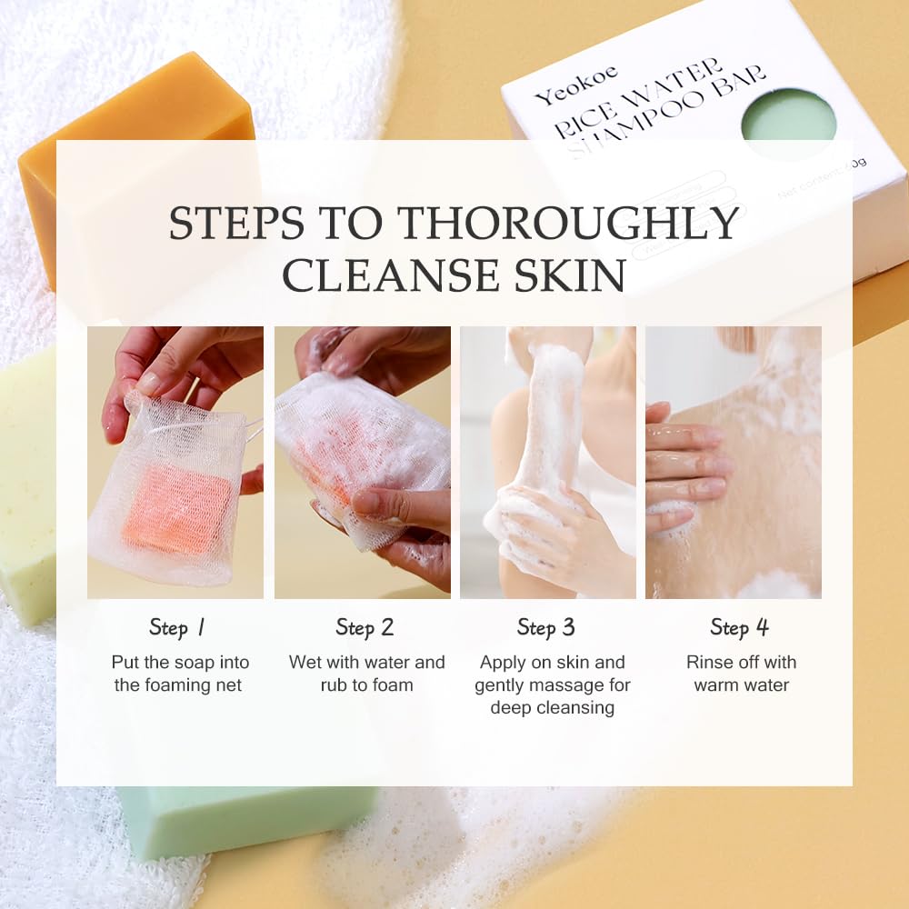 Turmeric Soap Bar and Rice Water Shampoo Conditioner Bar Set,Kojic acid for Body,Face and Hair,Deep Cleansing,Travel Toiletries,Spa Gifts For Women