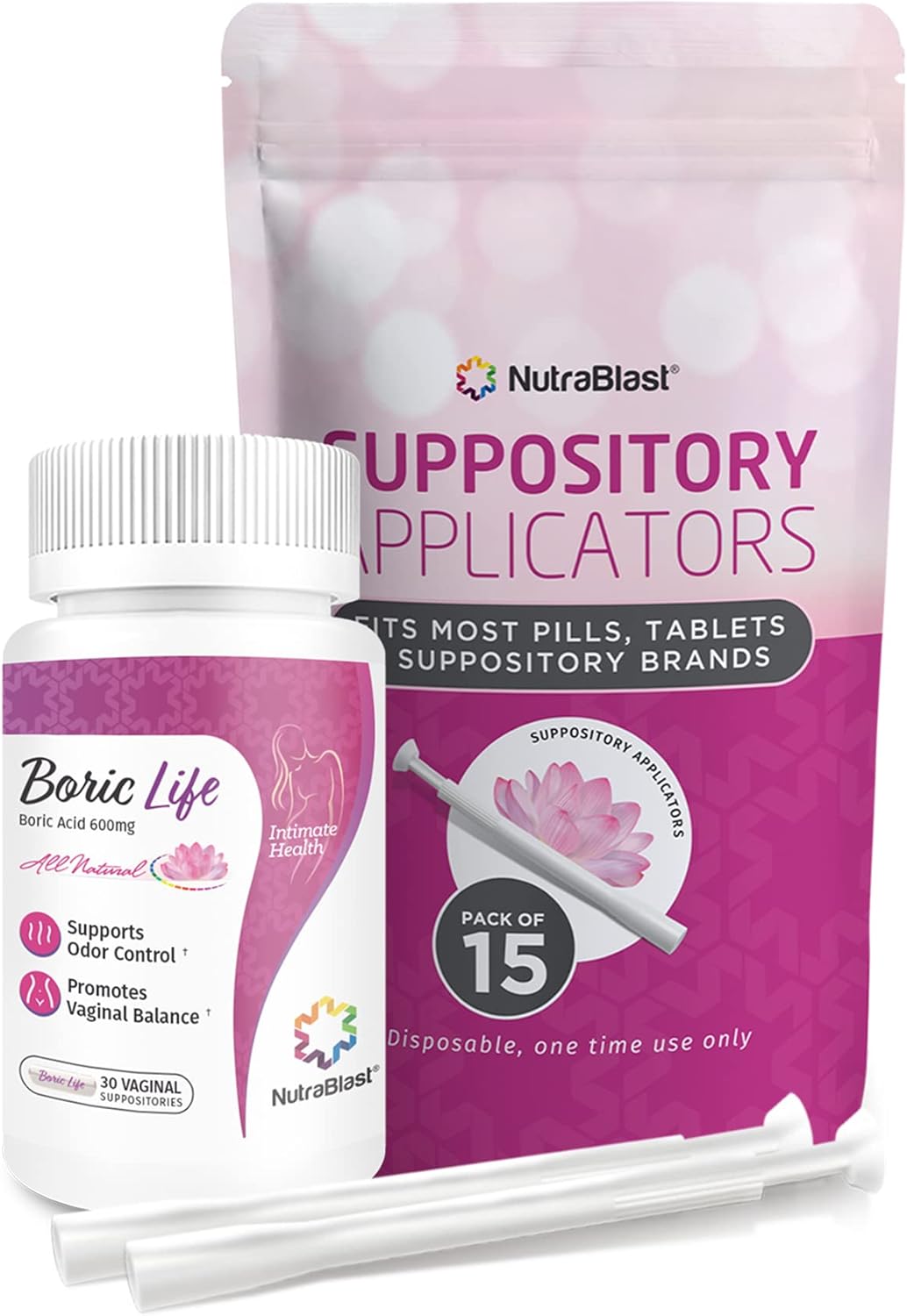 NutraBlast Boric Acid Vaginal Suppositories 600mg Bundle with Applicator, 30 Suppositories & 15 Applicators - Feminine Care - Made in USA