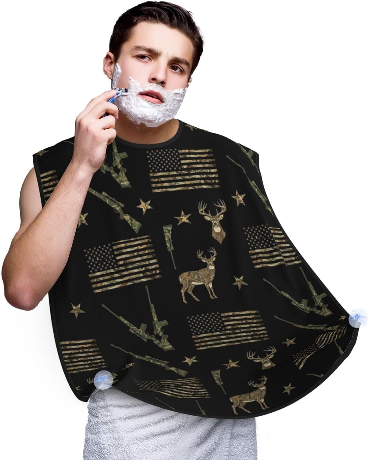 Waterproof Beard Trimming Bib, Non-Stick Hair Catcher for Men Shaving, Grooming Apron for Husband Dad, Hunting Deer Camo Camouflage American Flag Black Shave Bib