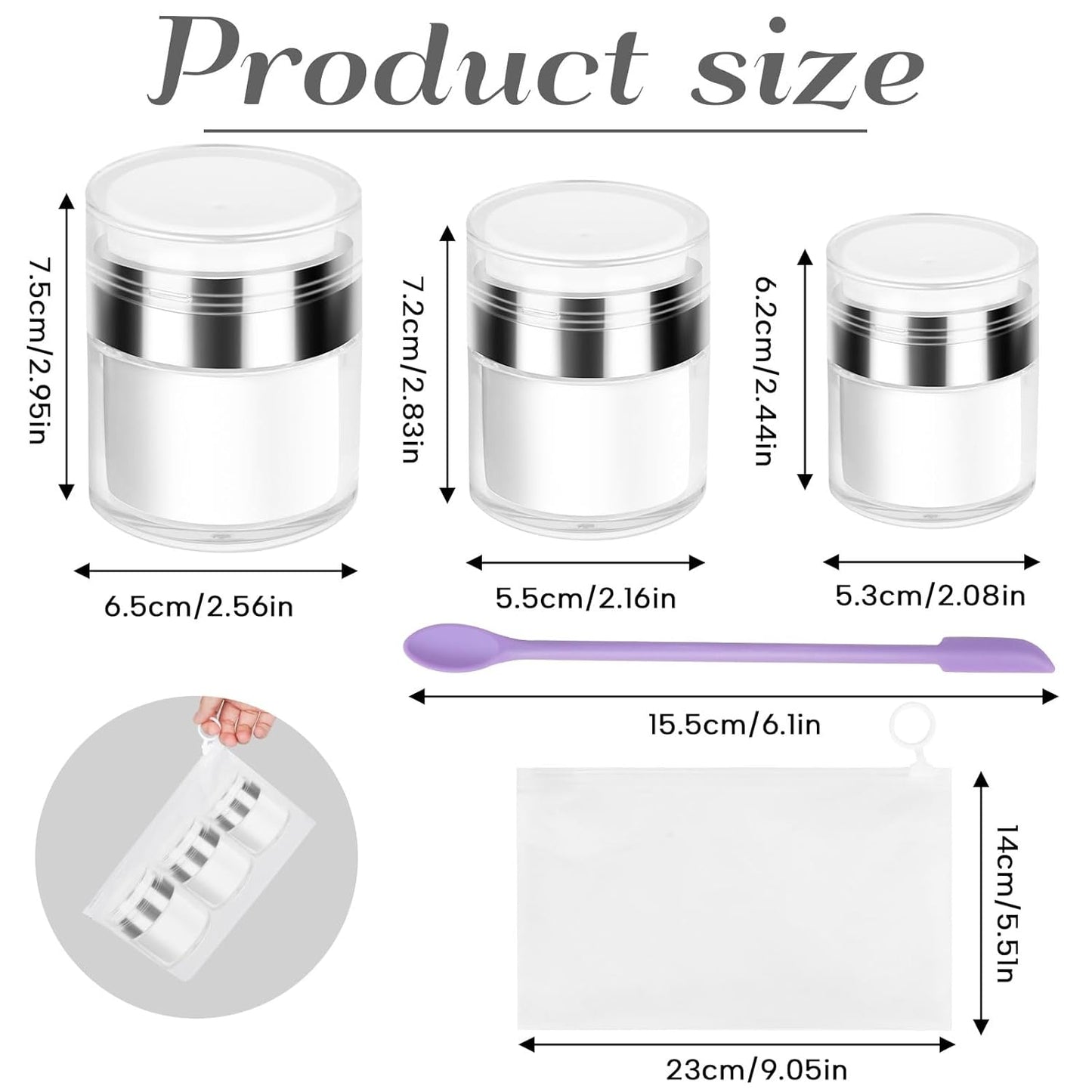 Airless Pump Jars Refillable Cosmetic Moisturizer Pump Botttles Travel Size for Cream, Gels and Lotion with Silicone Spatula (0.5oz+1oz+1.7oz)