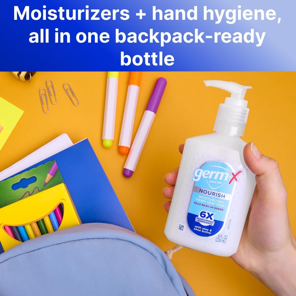 Germ-X Nourish Hand Sanitizer, 2-in-1 Moisturizing and Sanitizing Formula with Shea Butter, Vitamin E & Aloe, Non-Greasy, Fresh Citrus Scent, Back to School Supplies, Pump Bottle, 8 Oz (Pack of 6)