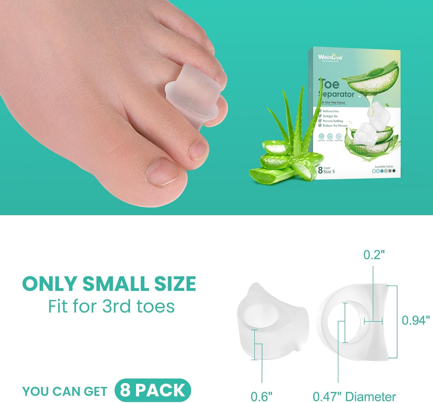Welnove Gel Toe Separators -8 Pack Toe Spacers with Aloe Vera for Overlapping Toes, Bunion Relief - Soft Silicone Toe Corrector for Men and Women - (Small, Clear)