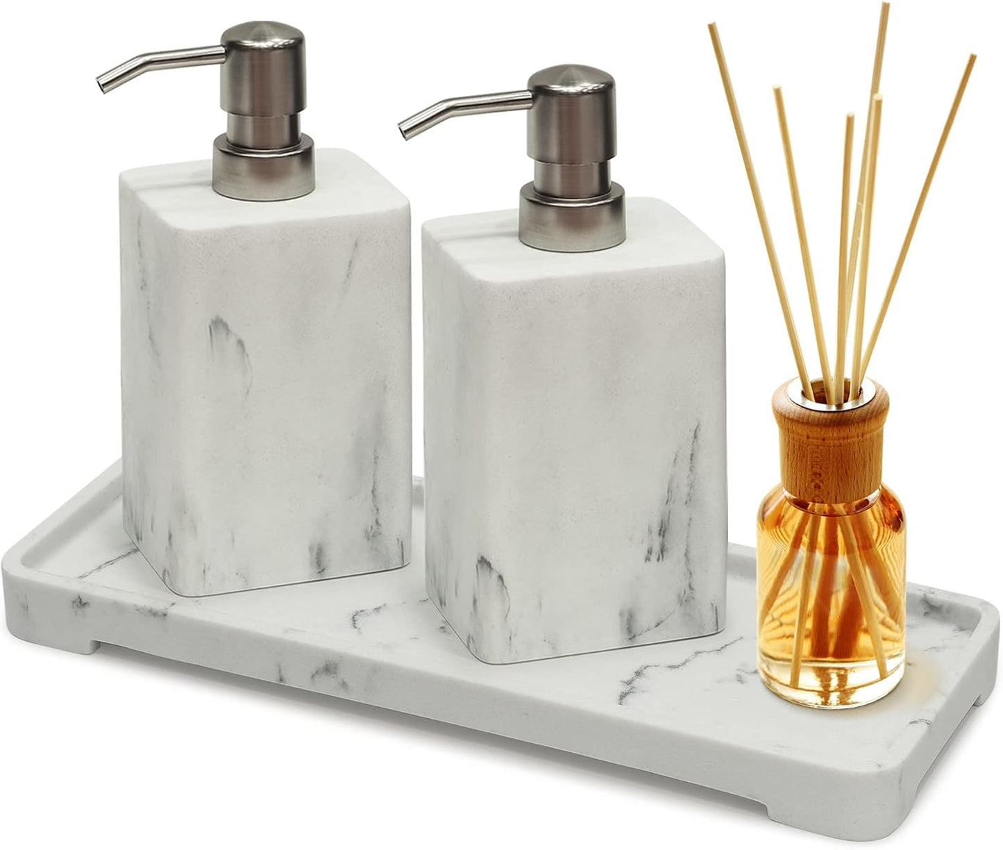 15Oz White Marble Style Resin Soap Dispenser Set of 2,Suanti Hand and Dish Soap Dispenser for Bathroom Counter&Kitchen Sink Decor,Refillable Soap Bottle with Easy-Press Pump for Liquid Soap or Lotion