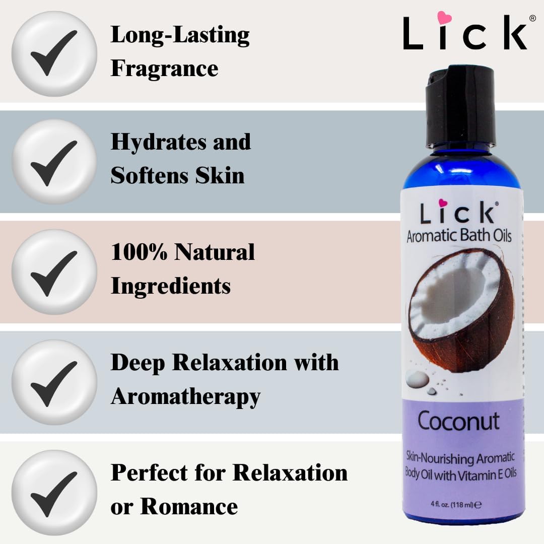 Lick Coconut Aromatic Bath Oil - Natural Sweet Almond, Vitamin E & Jojoba Oils for Luxurious Experience for Women. Moisturizes Dry Skin, 12 Enchanting Aromas, Paraben Free, Made in USA 4 fl oz